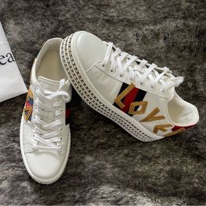 Authentic GUCCI Ace Loved Crystal Platform Women Sneakers. Size 7